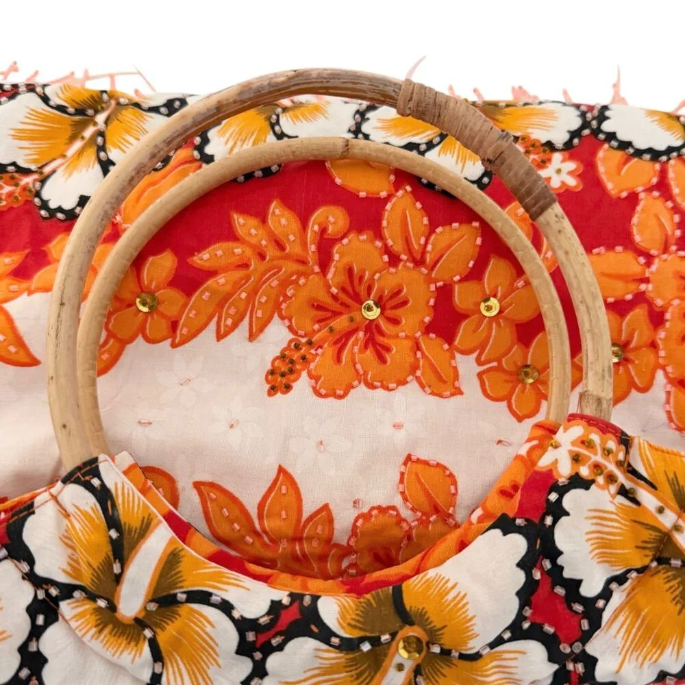 Kisses & Hugs Vintage Tropical Resort Floral Boho Beaded Bamboo Handle Purse Bag